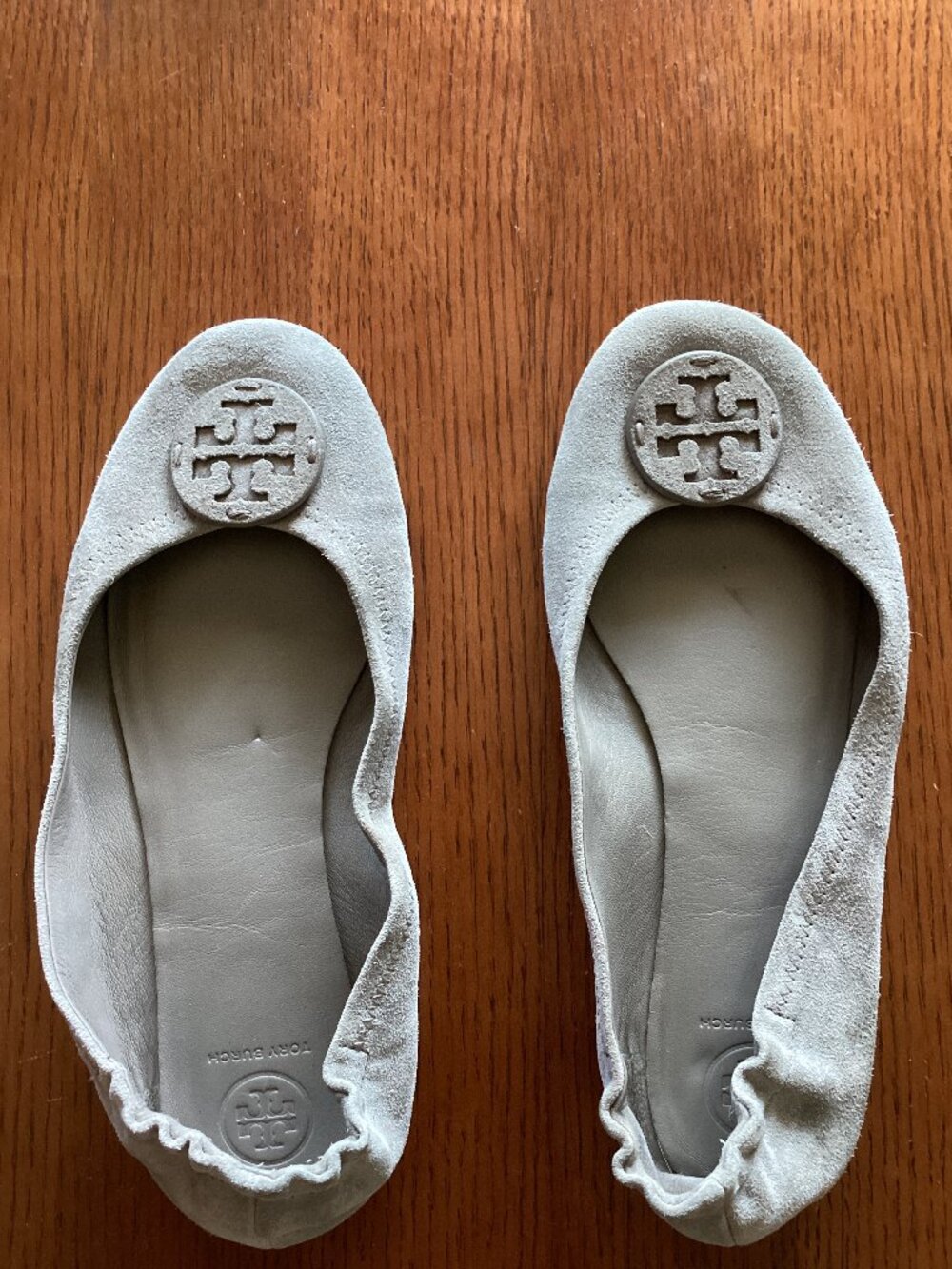 Tory Burch genuine suede house-flats gray elastic back (size est 8.5 or 9)